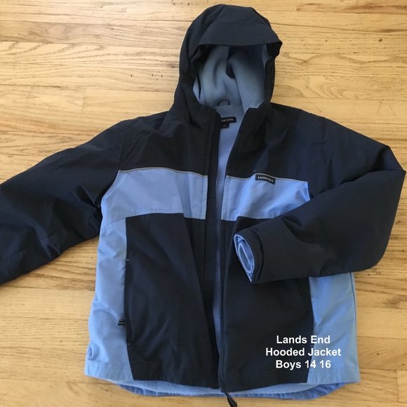 Boys LANDS END Fleece-lined Hooded Squall Jacket Blue Size 14/16 EXC COND